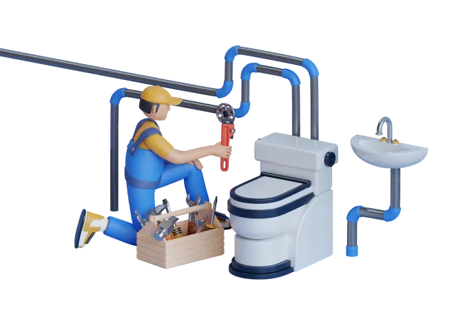 Male Plumber Inspects Pipes For Central Water Supply Of Toilet  3D Illustration