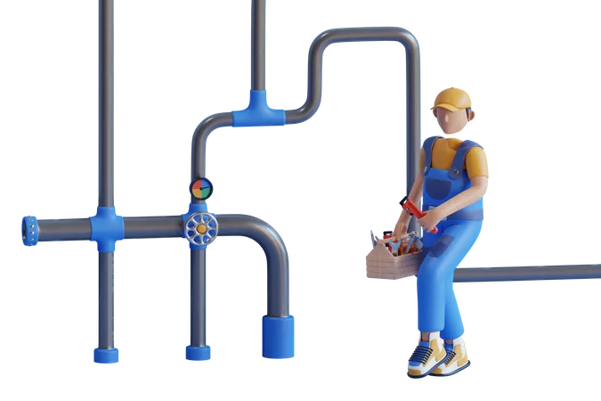 3 D Rendering Of A Guy Plumber Plumber Holding A Plumbing Wrench Tube And Pipe Line Fixing 3D Illustration