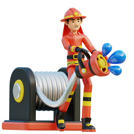 Un pompier masculin apporte un tuyau de buse  3D Illustration