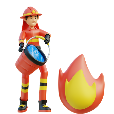 Pompier mâle transportant un seau d'eau  3D Illustration