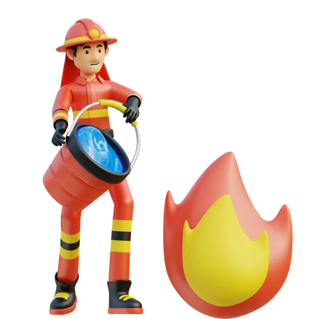 Pompier mâle transportant un seau d'eau  3D Illustration