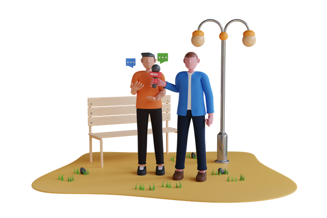 Male reporter with microphone interviewing man  3D Icon