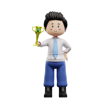 Male Student Holding Trophy  3D Illustration