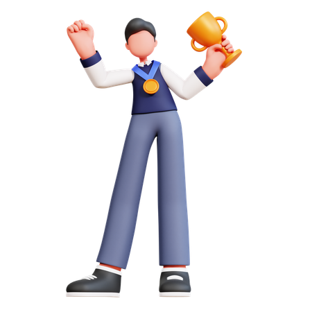 Male Student Holding Trophy Cup  3D Illustration