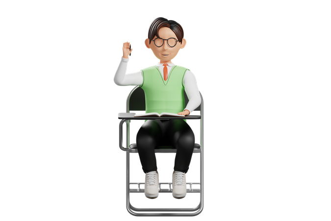 Male student raising hand in class  3D Illustration
