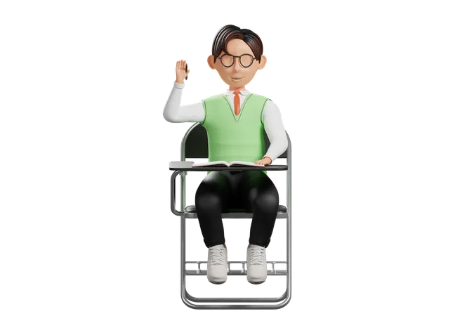 Male student raising hand in class  3D Illustration