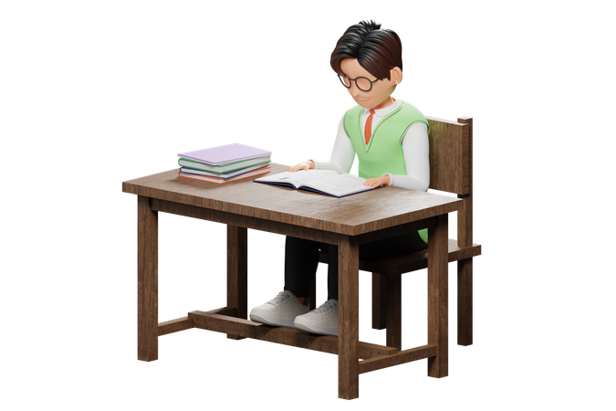 Male student studying in library  3D Illustration