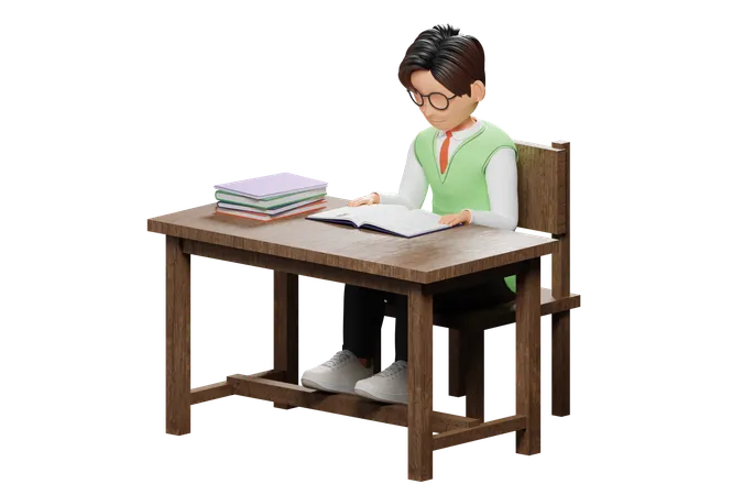 Male student studying in library  3D Illustration