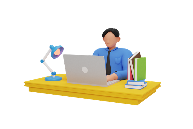 Male student studying on laptop  3D Illustration