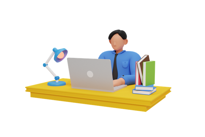 Male student studying on laptop 3D Illustration