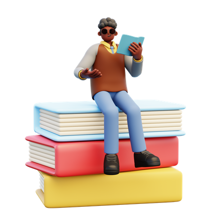 Male Teacher Sitting On Books  3D Illustration