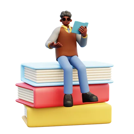 Male Teacher Sitting On Books  3D Illustration