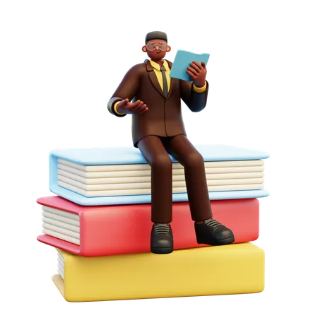 Male Teacher Sitting On Books  3D Illustration