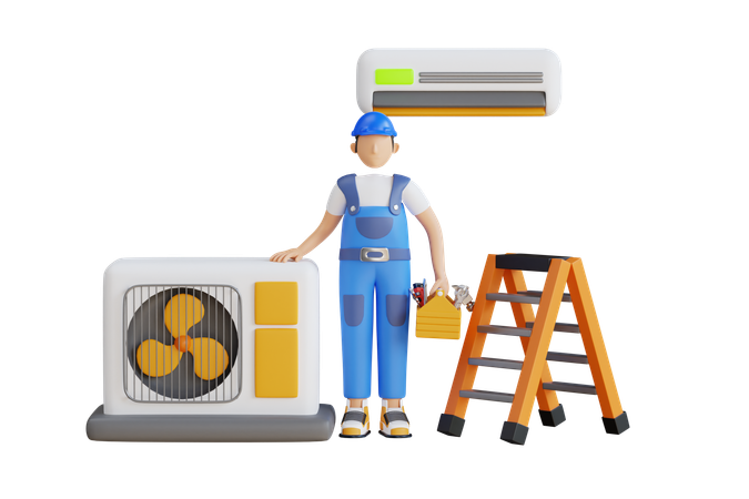 Male Technician Repairing Air Conditioner  3D Illustration