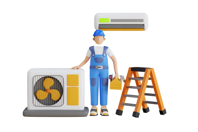 Male Technician Repairing Air Conditioner  3D Illustration