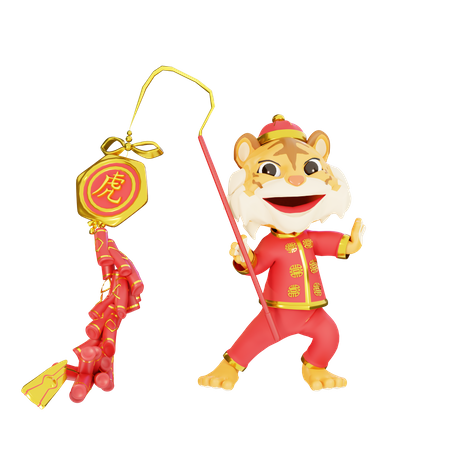 Male tiger holding firecracker  3D Icon