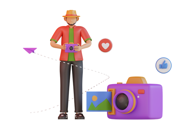 Male tourist clicking photos  3D Illustration