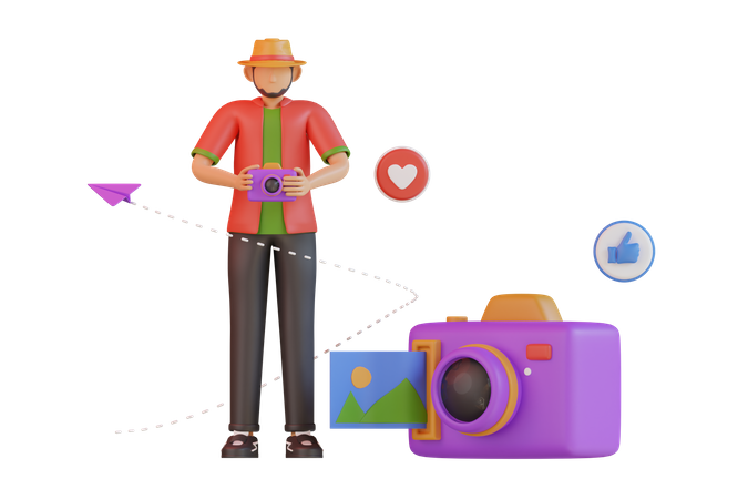 Male tourist clicking photos  3D Illustration