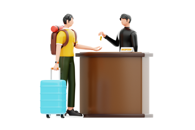 ホテルにチェックインする男性観光客  3D Illustration