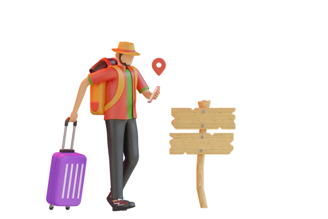 Male tourist finding travel location  3D Illustration