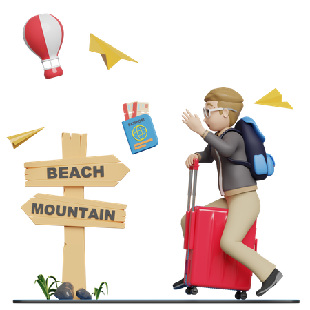 Male tourist going towards travel destination  3D Illustration