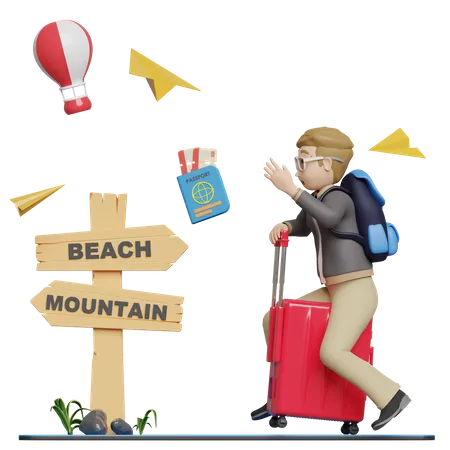 Happy Young Man Tourist With Sitting On Suitcase 3D Illustration