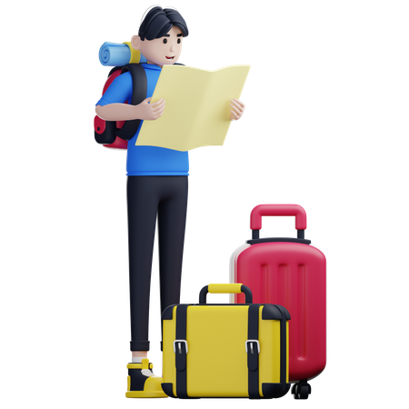 Male Tourist Holding Map While Find Destination  3D Illustration