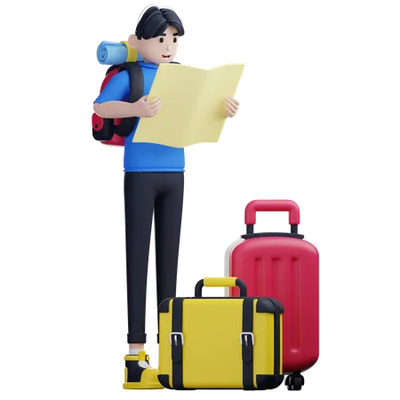 Male Tourist Holding Map While Find Destination  3D Illustration