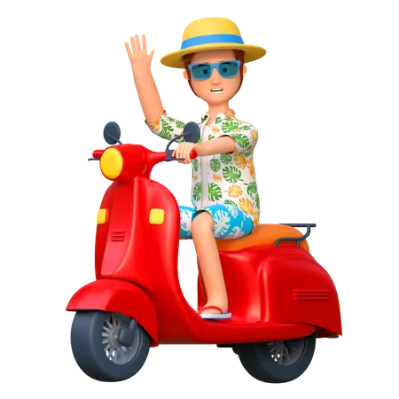 Travel Man Riding Motorcycle With Carrying Backpack Summer Holiday Waving Hand 3 D Cartoon Character Illustration 3D Illustration