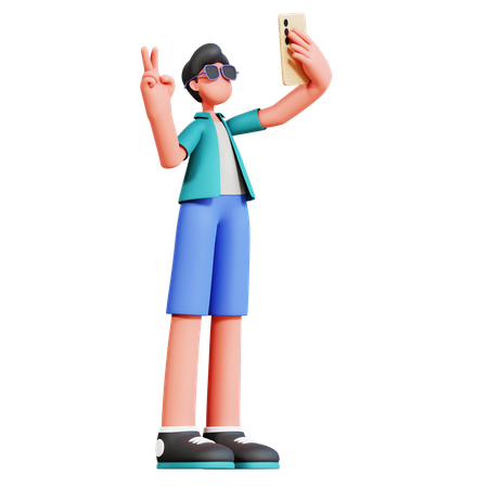 Male Tourist Taking Mobile Selfie  3D Illustration
