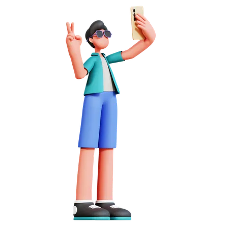 Male Tourist Taking Mobile Selfie  3D Illustration
