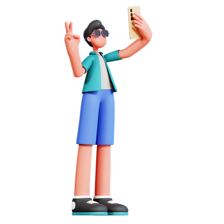 Male Tourist Taking Mobile Selfie  3D Illustration