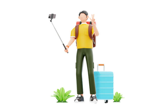여행 셀카를 찍는 남성 관광객  3D Illustration