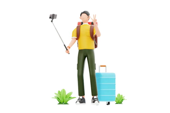 Male Tourist Taking Travel Selfie  3D Illustration