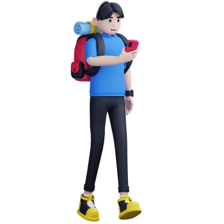 Male Tourist Walking While Holding Smartphone  3D Illustration