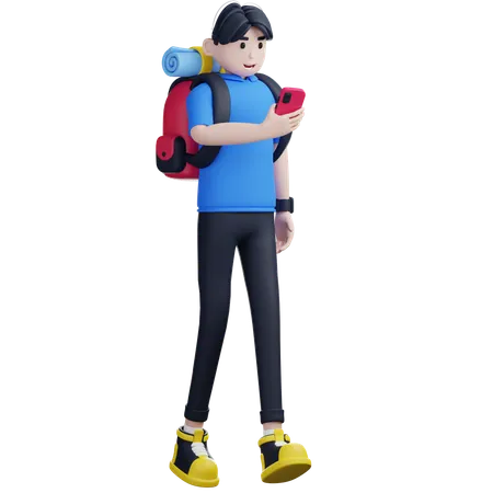 Male Tourist Walking While Holding Smartphone  3D Illustration