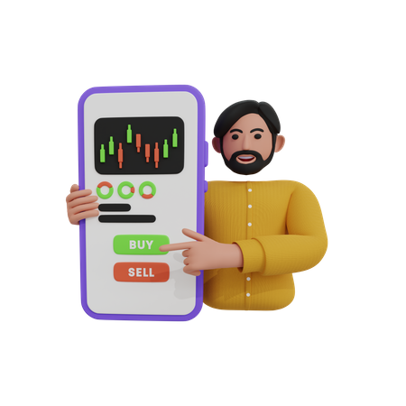 Male trader pointing buy button at stock market chart  3D Icon