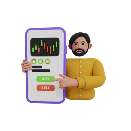 Male trader pointing buy button at stock market chart  3D Icon