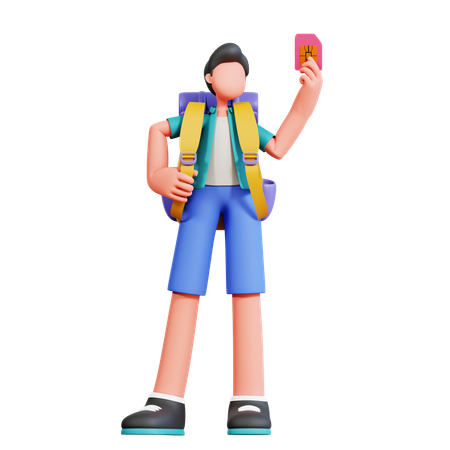 Male Traveler Holding Sim Card  3D Icon
