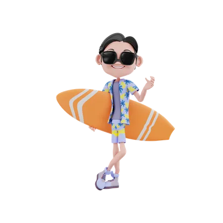 Male traveler holding surfboard  3D Illustration