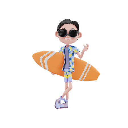 Male traveler holding surfboard 3D Illustration