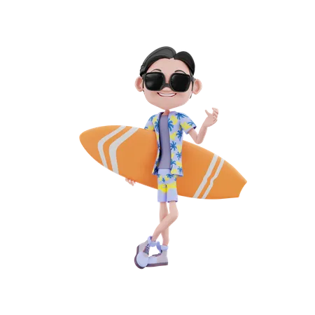 Male traveler holding surfboard 3D Illustration