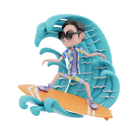 Male traveler surfing in sea  3D Illustration