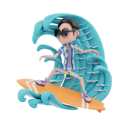 Male traveler surfing in sea  3D Illustration