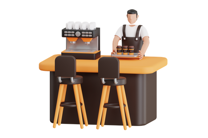 Male Waiter Carrying Tray Of Coffee  3D Illustration