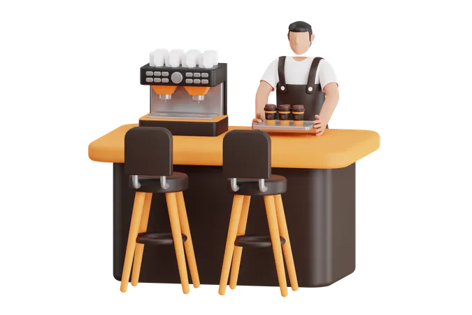 Male Waiter Carrying Tray Of Coffee 3 D Illustration 3D Illustration