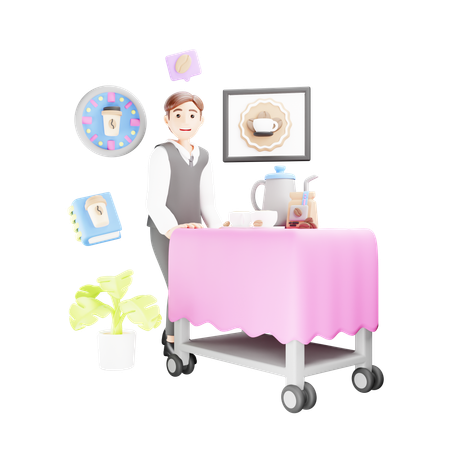 Male waiter is carrying coffee trolley  3D Illustration