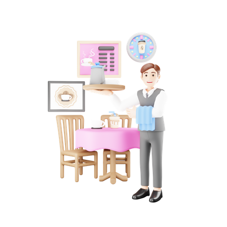Male waiter is standing by table  3D Illustration