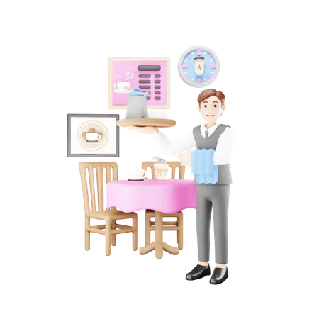 Male waiter is standing by table  3D Illustration