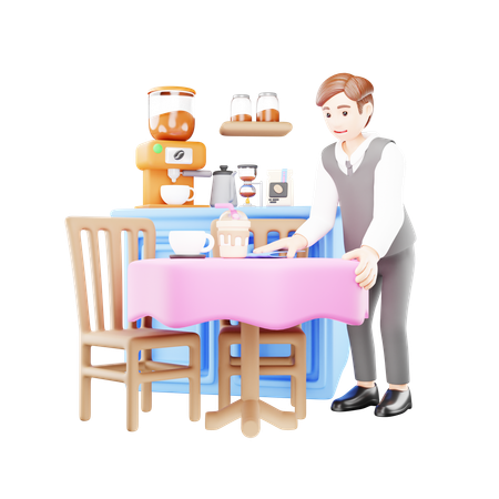 Male waiter is working in cafe  3D Illustration